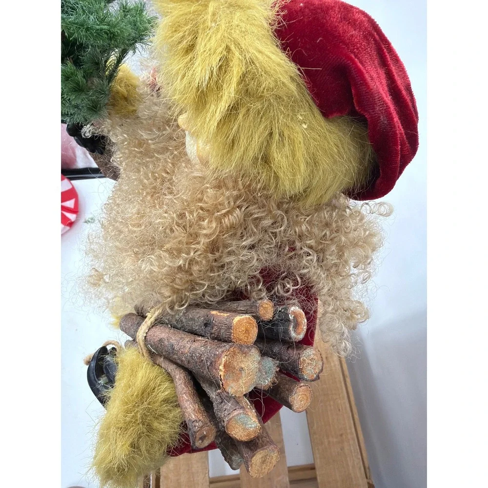 Vintage‎ Style Santa Claus Figurine Red Velvet Green Fur 18 Inch Christmas Decor